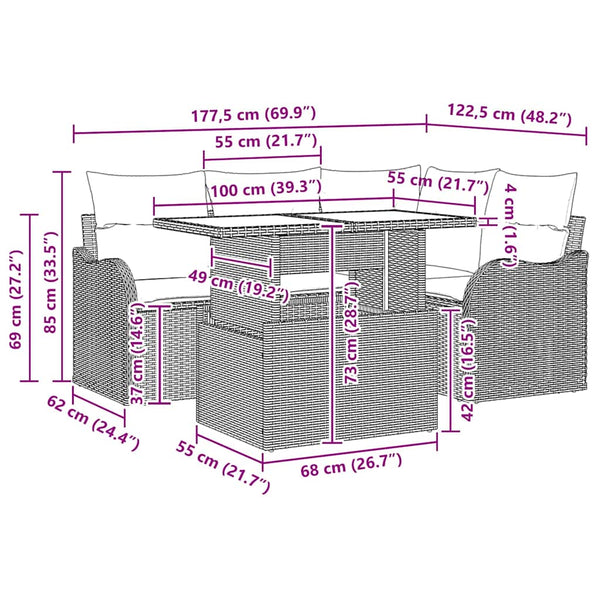 vidaXL Ensemble de table d'extérieur avec coussins 5 pcs Marron Résine tressée