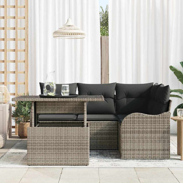Graues Poly Rattan Outdoor Tischset mit Kissen, 5-teilig