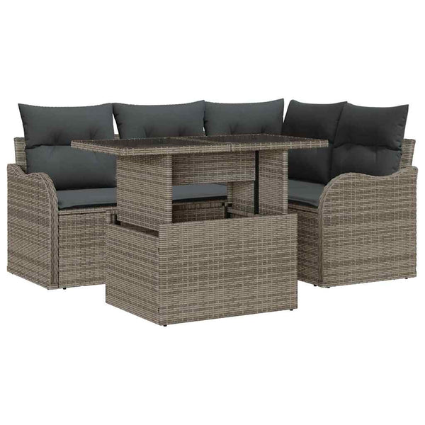 Graues Poly Rattan Outdoor Tischset mit Kissen, 5-teilig