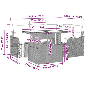 Graues Poly Rattan Outdoor Tischset mit Kissen, 5-teilig