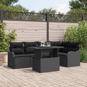 Schwarze Poly Rattan Essgruppe mit Kissen, 6-teilig