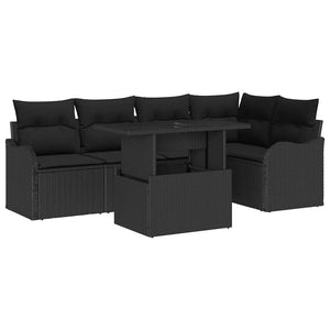 Schwarze Poly Rattan Essgruppe mit Kissen, 6-teilig