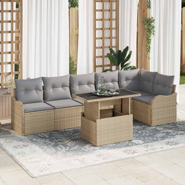Beige Poly Rattan Sofa Set mit Kissen, 7-teilig