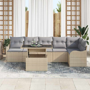 Beige Poly Rattan Sofa Set mit Kissen, 7-teilig