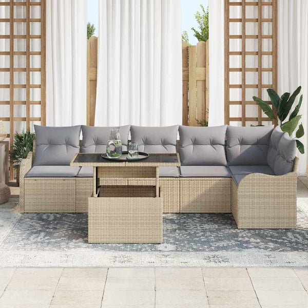 Beige Poly Rattan Sofa Set mit Kissen, 7-teilig
