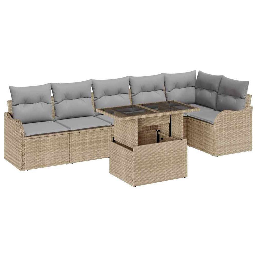 Beige Poly Rattan Sofa Set mit Kissen, 7-teilig