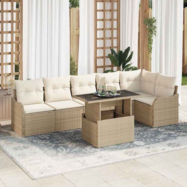 Beige Poly Rattan Sofa Set mit Kissen, 7-teilig