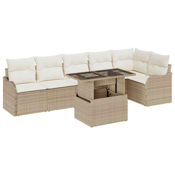 Beige Poly Rattan Sofa Set mit Kissen, 7-teilig