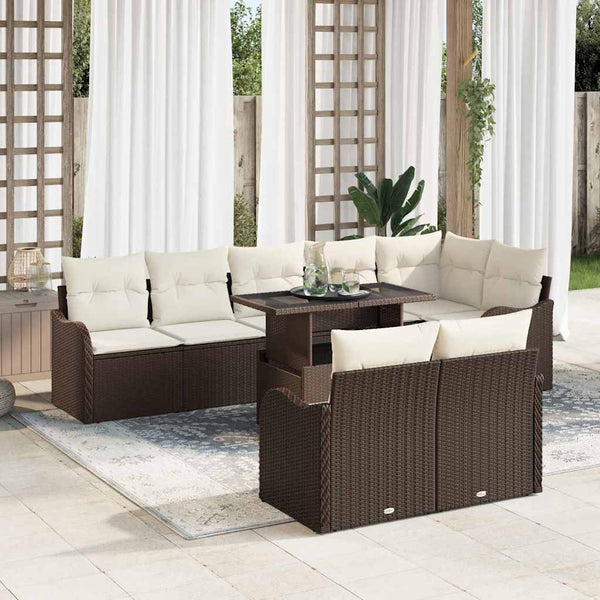 Lounge-Set Braun Poly Rattan mit Kissen - 9-teilig