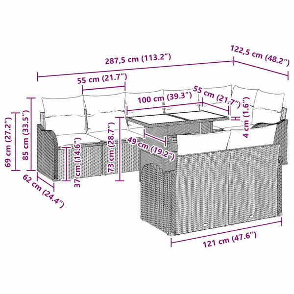 Lounge-Set Braun Poly Rattan mit Kissen - 9-teilig