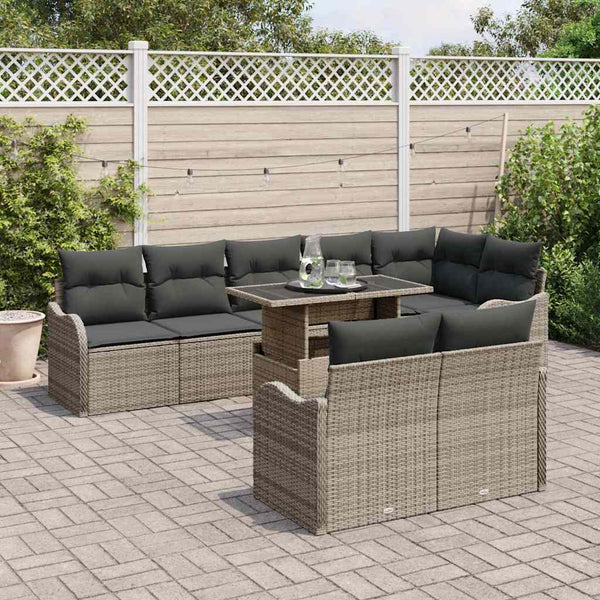 Graues Poly Rattan Lounge-Set mit Kissen, 9-teilig