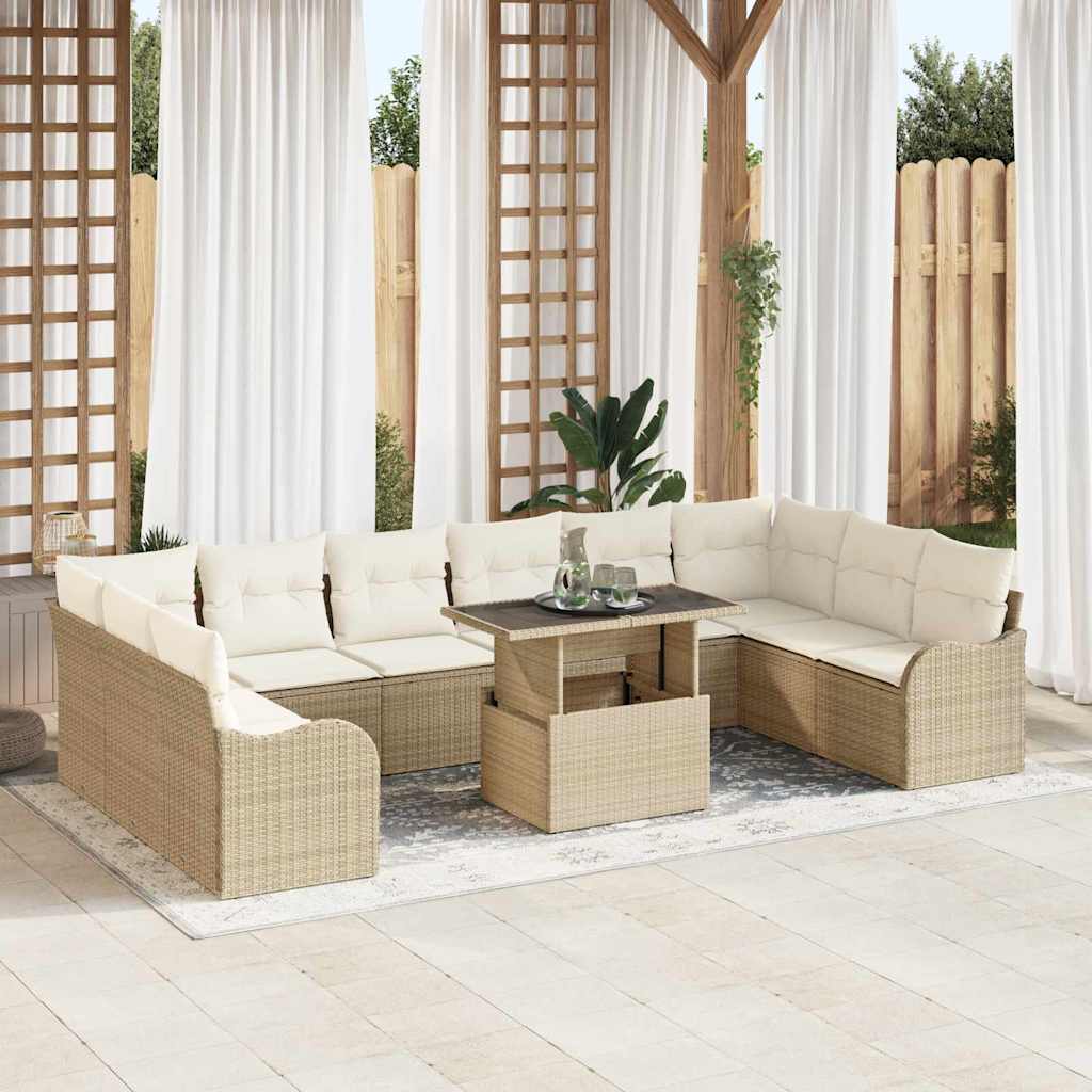 Gartensofa Set Beige Poly Rattan mit Kissen - 11-teilig