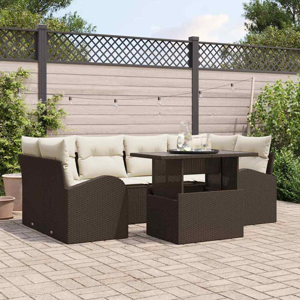 Gartensofa Set Braun Poly Rattan mit Kissen 7-teilig