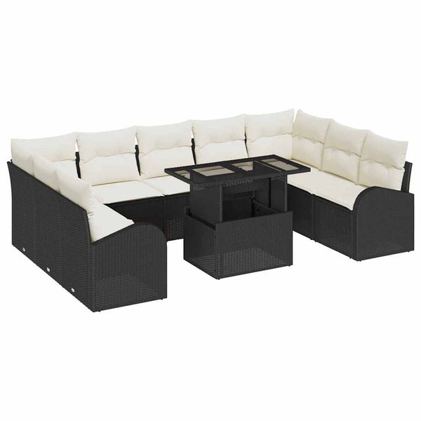 Schwarzes Gartensofa-Set mit Creme Kissen, 10-teilig