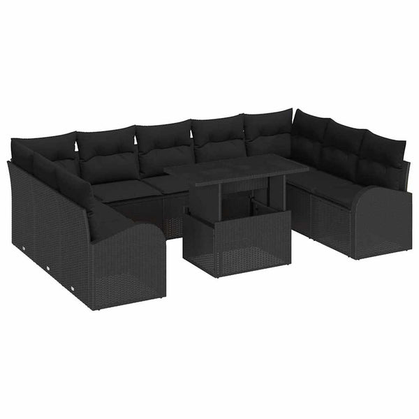 Schwarzes Poly Rattan Gartensofa Set mit Stauraum, 10-teilig