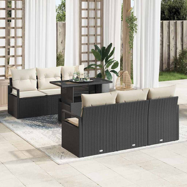 Gartensofa Set mit Speicher, Schwarz/Creme, 7-teilig
