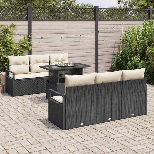 Gartensofa Set mit Speicher, Schwarz/Creme, 7-teilig