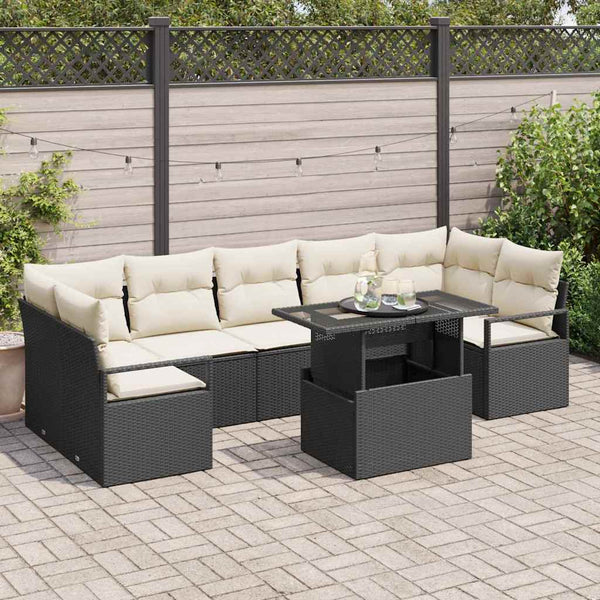 Garten Sofa Set Schwarz Creme Poly-Rattan 8-teilig
