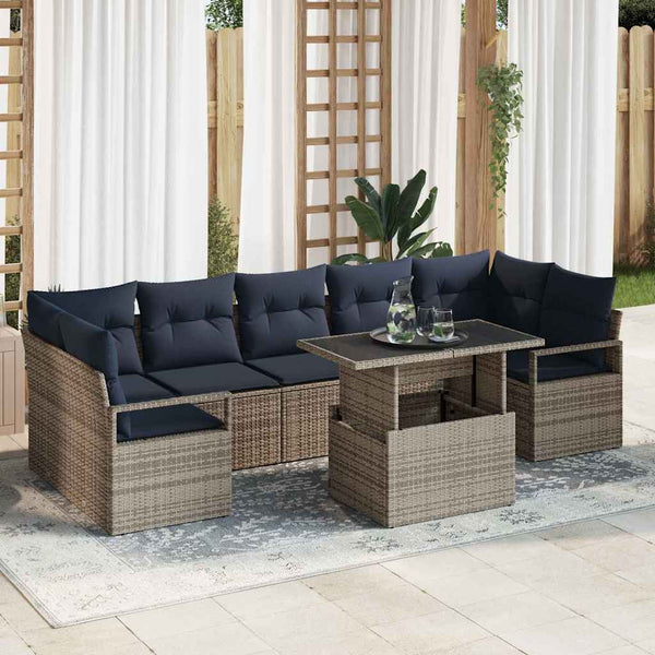 Garten Sofa Set Grau Marineblau Poly Rattan 8-teilig