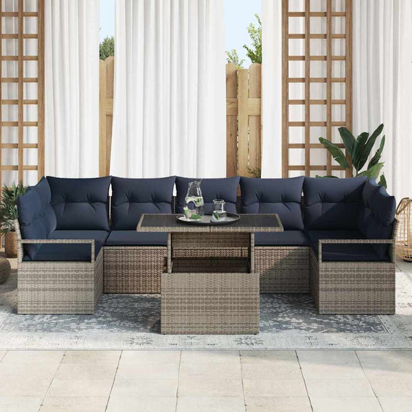 Garten Sofa Set Grau Marineblau Poly Rattan 8-teilig