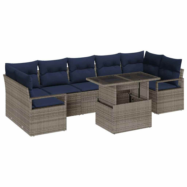 Garten Sofa Set Grau Marineblau Poly Rattan 8-teilig
