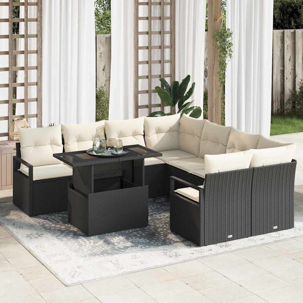 vidaXL Ensemble de canapés de jardin avec rangement 9 pcs Noir et crème Résine tressée