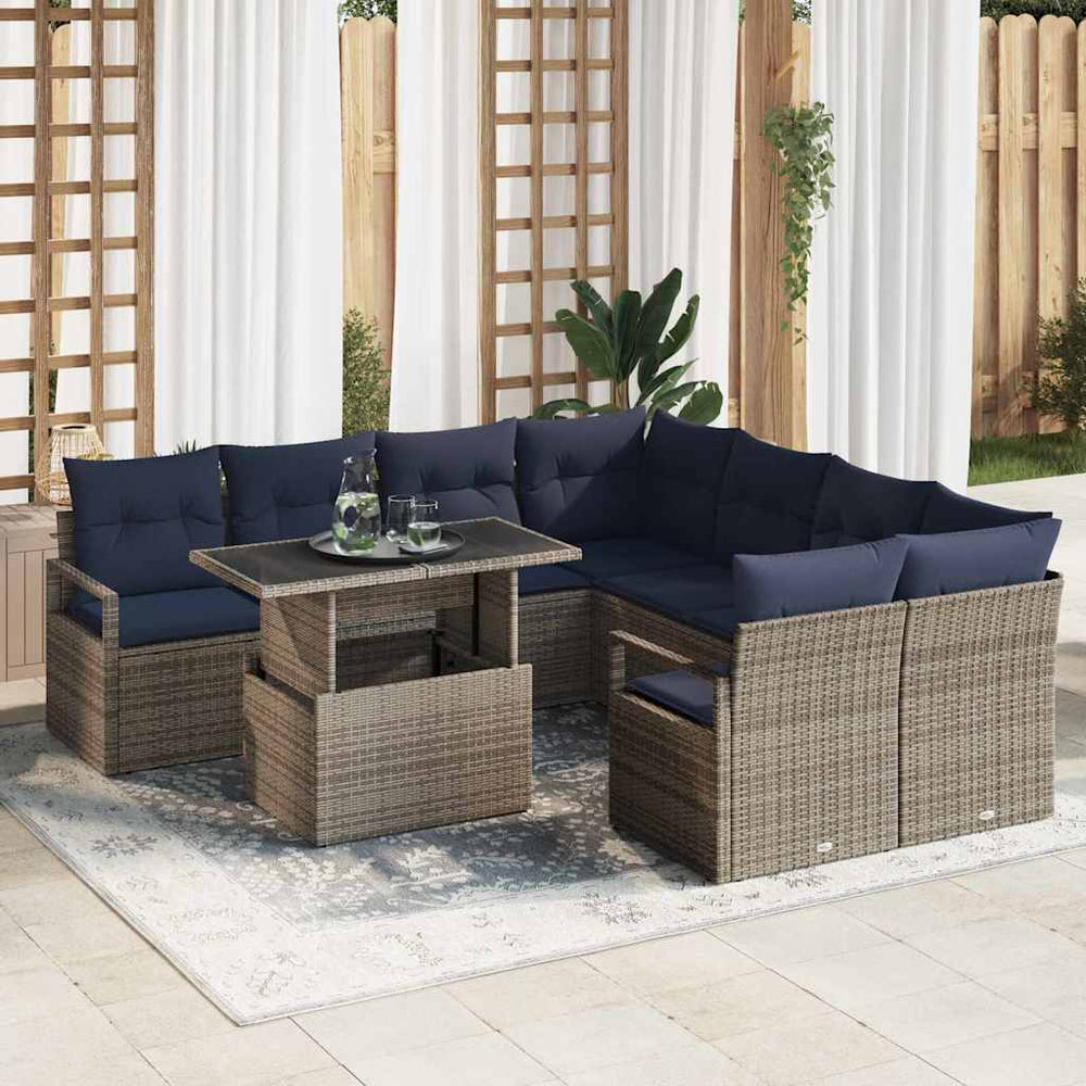 vidaXL Salon de jardin avec coussins 9 pcs Gris et bleu marine résine tressée