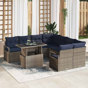 Gartensofa Set Grau Marineblau Poly Rattan 9-teilig