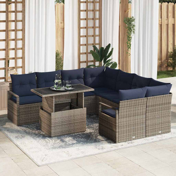 Gartensofa Set Grau Marineblau Poly Rattan 9-teilig