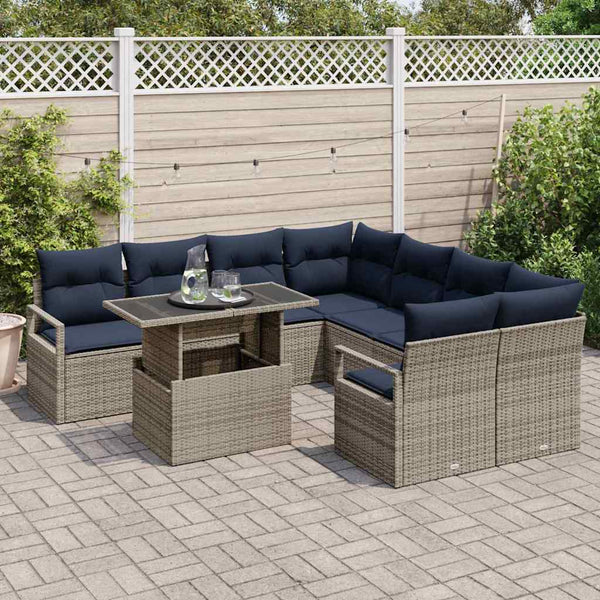 Gartensofa Set Grau Marineblau Poly Rattan 9-teilig
