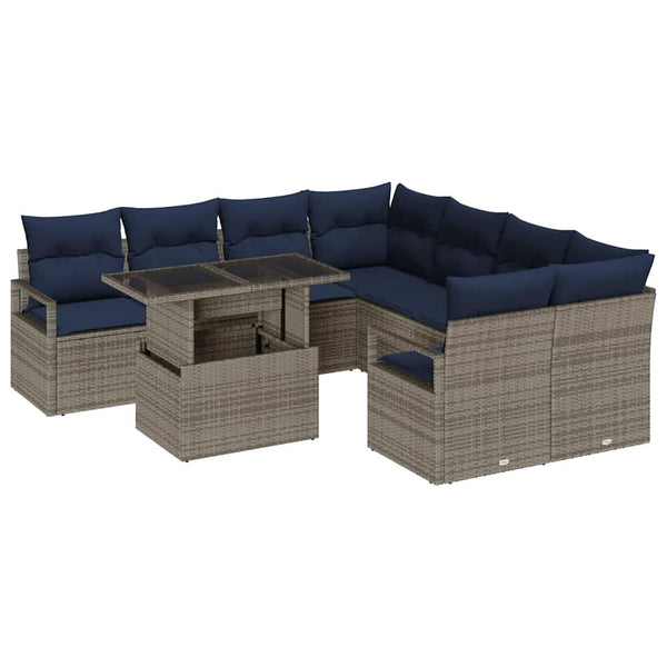 Gartensofa Set Grau Marineblau Poly Rattan 9-teilig