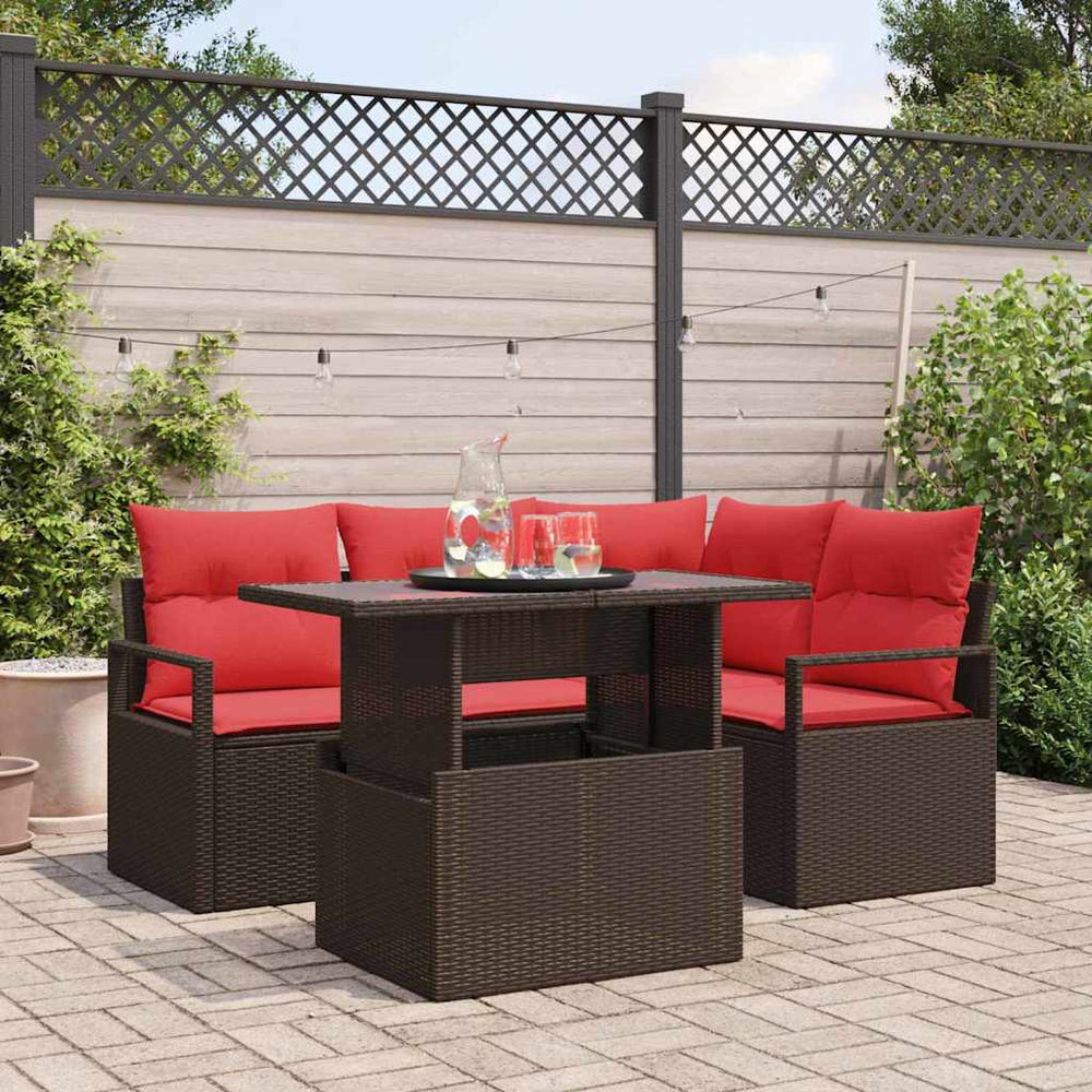 vidaXL Ensemble de canapés de jardin avec rangement 5 pcs Marron et Rouge résine tressée