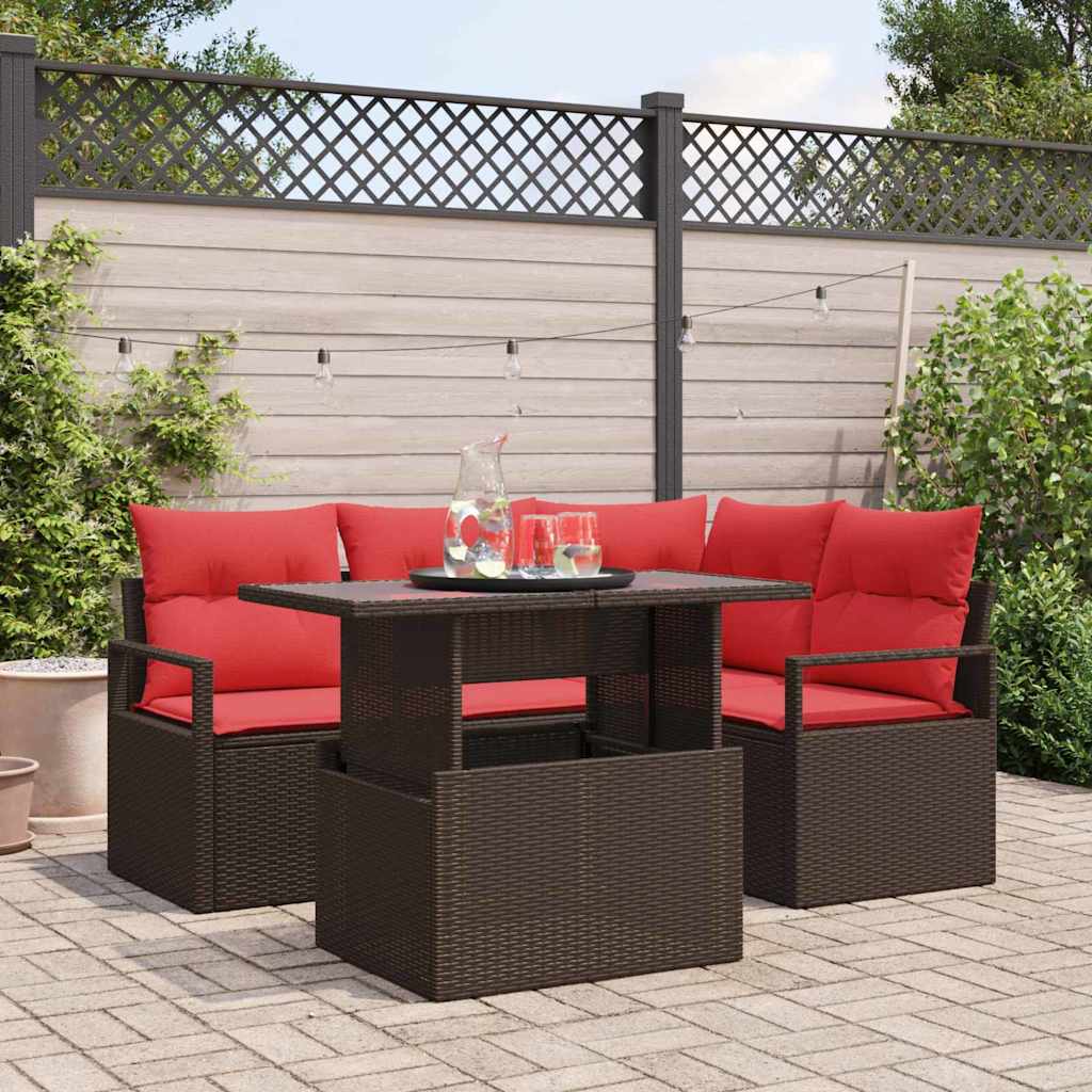 vidaXL Ensemble de canapés de jardin avec rangement 5 pcs Marron et Rouge résine tressée