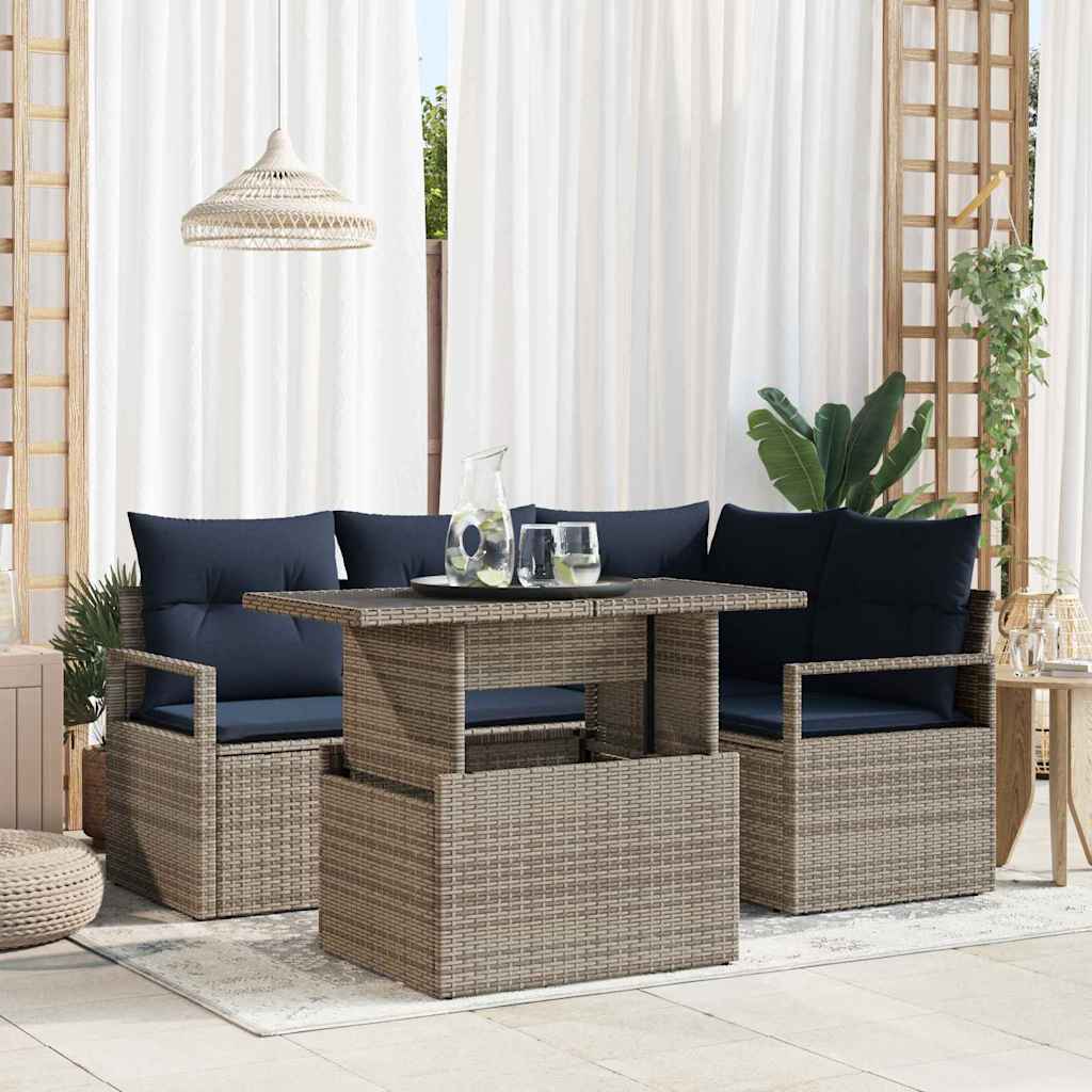 Garten Sofa Set Grau Marineblau Poly-Rattan 5-tlg.