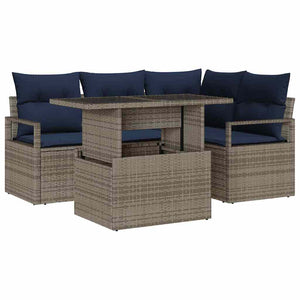 Garten Sofa Set Grau Marineblau Poly-Rattan 5-tlg.