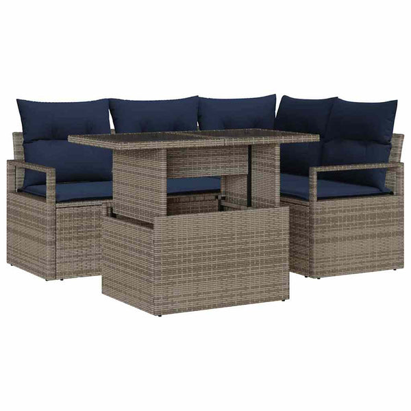 Garten Sofa Set Grau Marineblau Poly-Rattan 5-tlg.