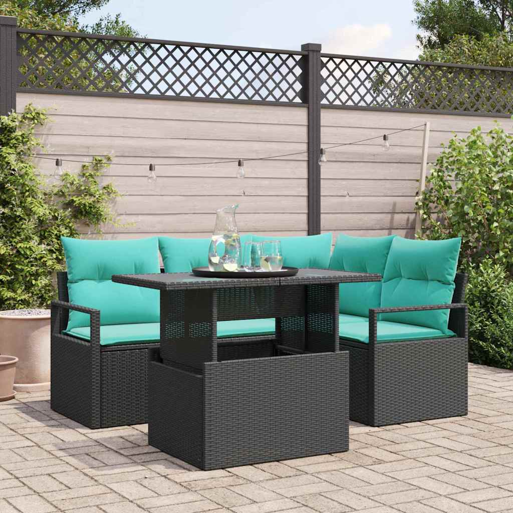 Garten Sofa Set Schwarz Blau Poly-Rattan 5-teilig