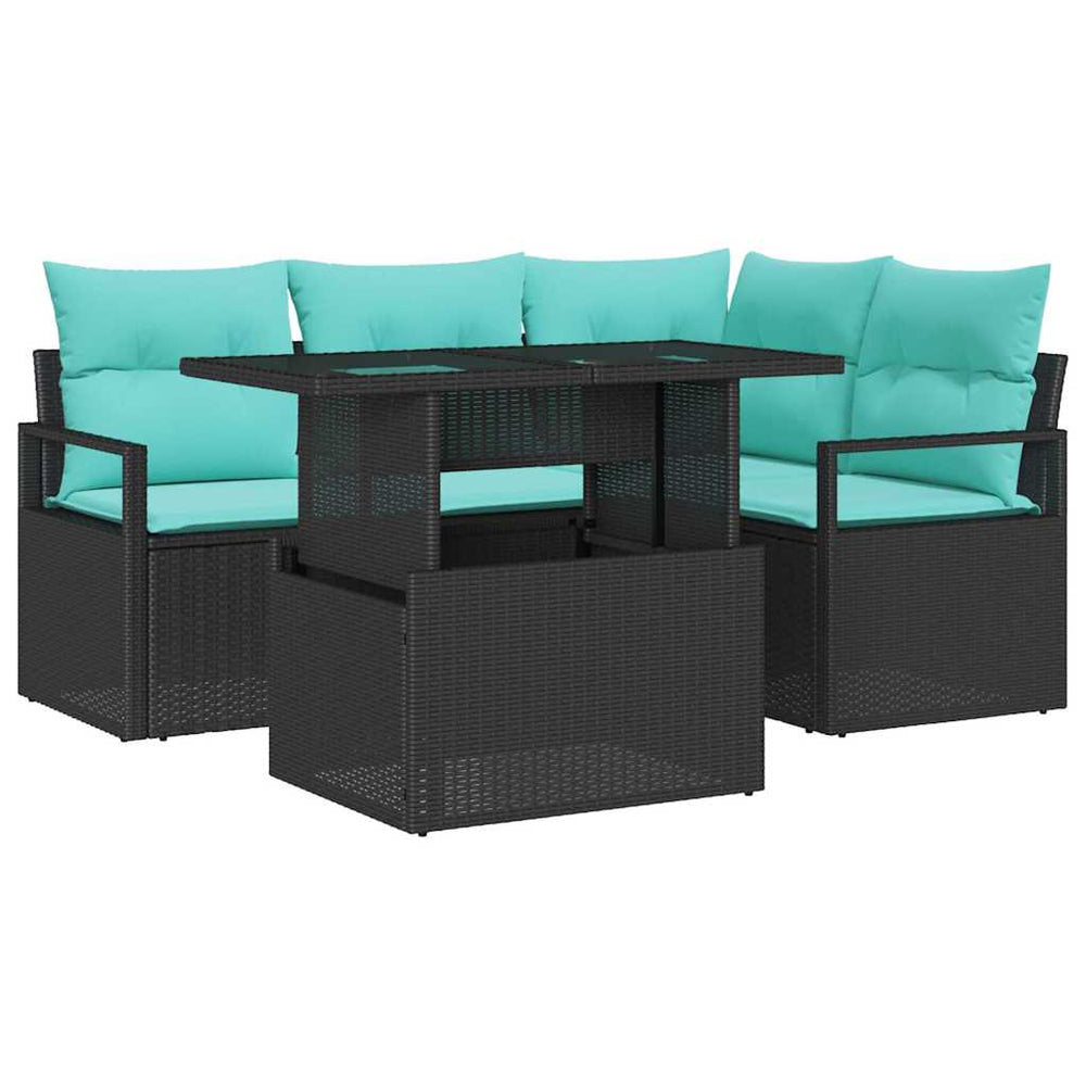 Garten Sofa Set Schwarz Blau Poly-Rattan 5-teilig