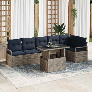 Gartensofa Set Grau Marineblau Poly-Rattan 7-teilig