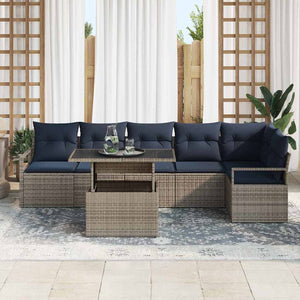 Gartensofa Set Grau Marineblau Poly-Rattan 7-teilig