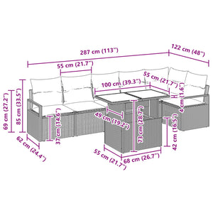 Gartensofa Set Grau Marineblau Poly-Rattan 7-teilig