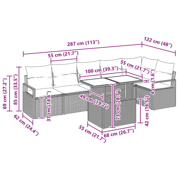 Gartensofa Set Grau Marineblau Poly-Rattan 7-teilig
