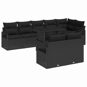 Schwarzes Poly-Rattan Garten-Sofa-Set mit Kissen, 9-teilig