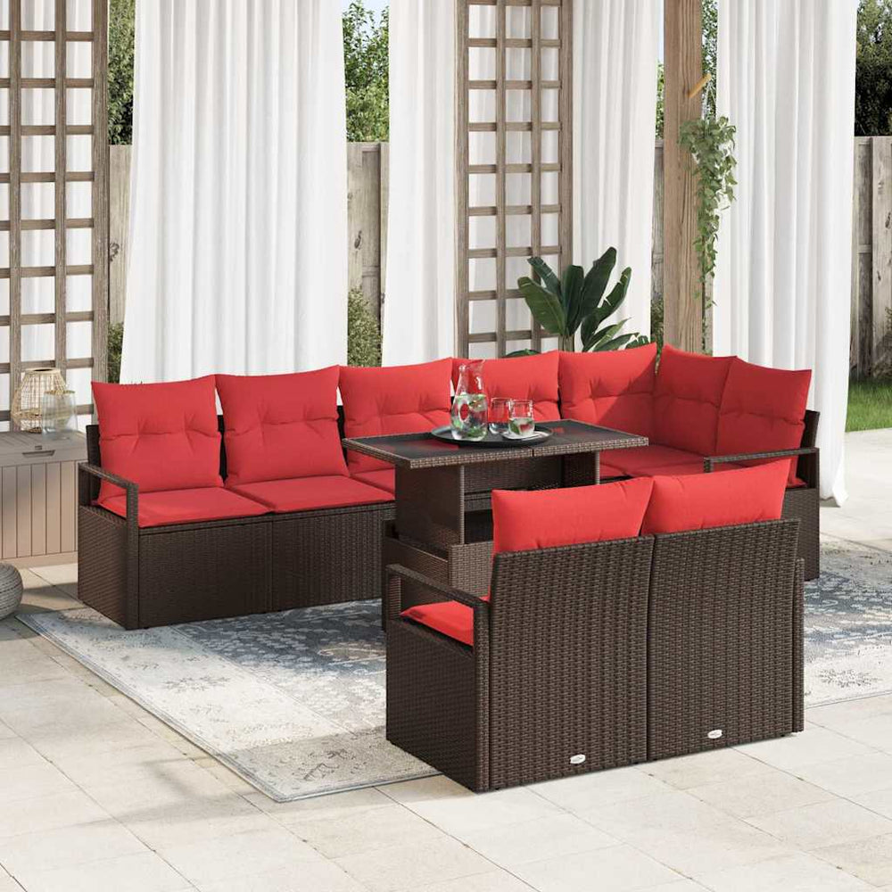vidaXL Salon de jardin 9 pcs avec rangement marron et rouge en polyrotin