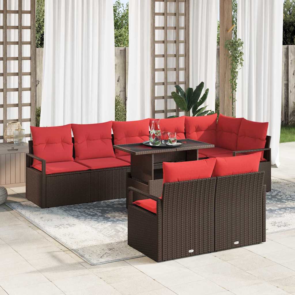 vidaXL Salon de jardin 9 pcs avec rangement marron et rouge en polyrotin