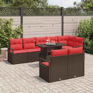 vidaXL Salon de jardin 9 pcs avec rangement marron et rouge en polyrotin