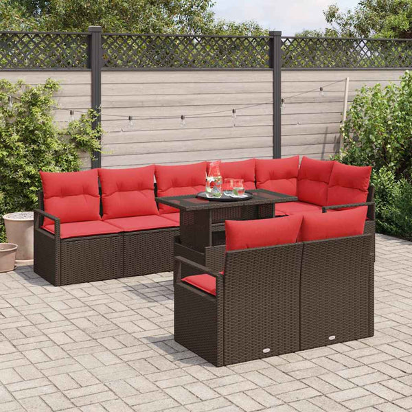 vidaXL Salon de jardin 9 pcs avec rangement marron et rouge en polyrotin