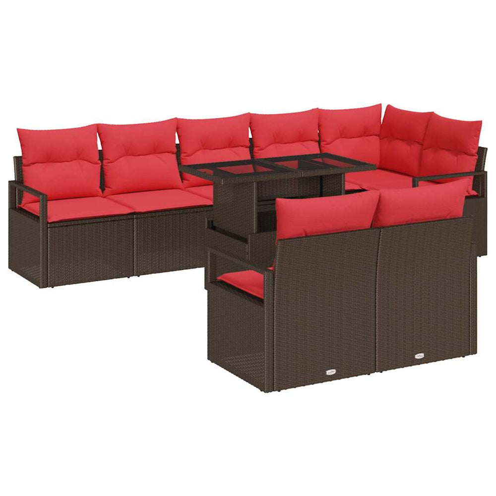 vidaXL Salon de jardin 9 pcs avec rangement marron et rouge en polyrotin