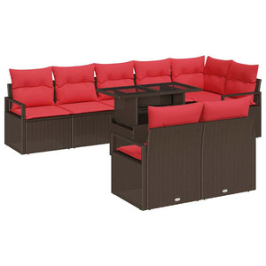 vidaXL Salon de jardin 9 pcs avec rangement marron et rouge en polyrotin