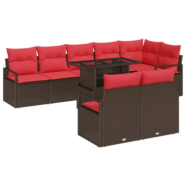 vidaXL Salon de jardin 9 pcs avec rangement marron et rouge en polyrotin